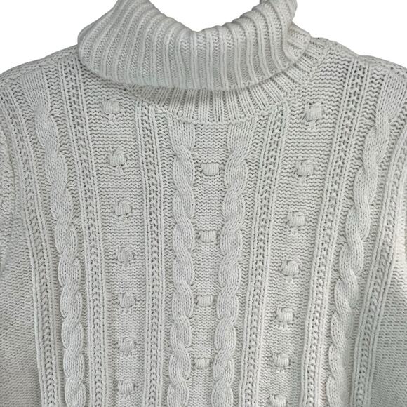 Lands End Sweater Womens L Petite Cream Cable Knit Fisherman Turtleneck Cozy - Picture 3 of 14